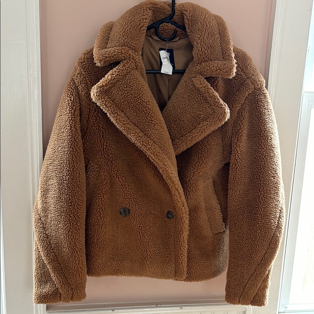 N.W.T. Gap Tan Soft Faux Fur Sherpa Double
Breasted Teddy Jacket, XS